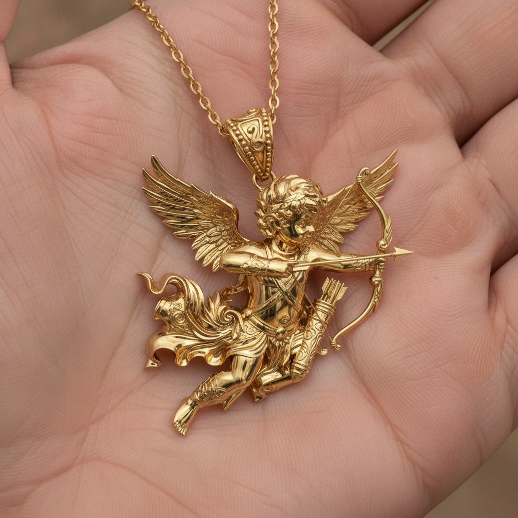 Winged Cupid Archer Pendant Necklace | Cherub Angel with Bow & Arrow | Handmade in 9K Gold, Sterling Silver & Yellow Brass