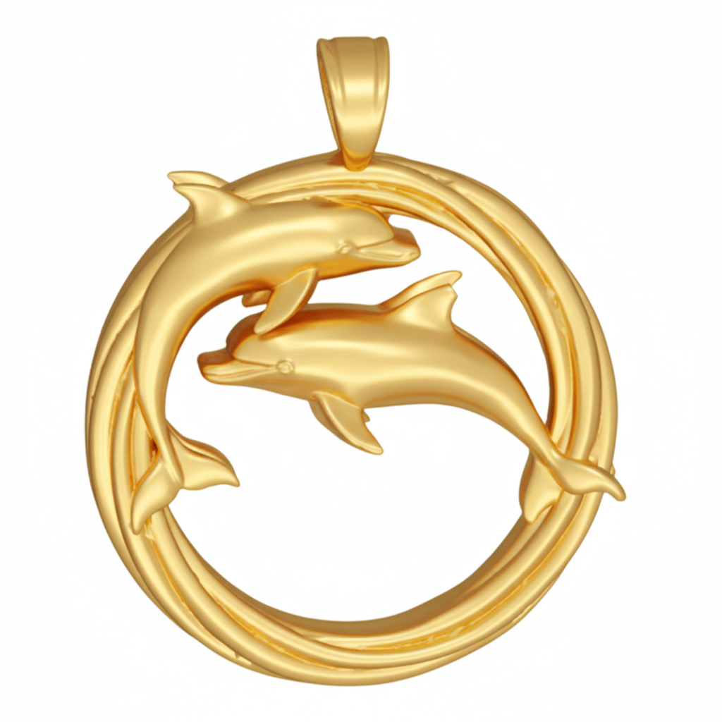 Polished Gold Dolphin Circle Pendant with Integrated Bail – Double Dolphin Necklace – 29 x 23 mm