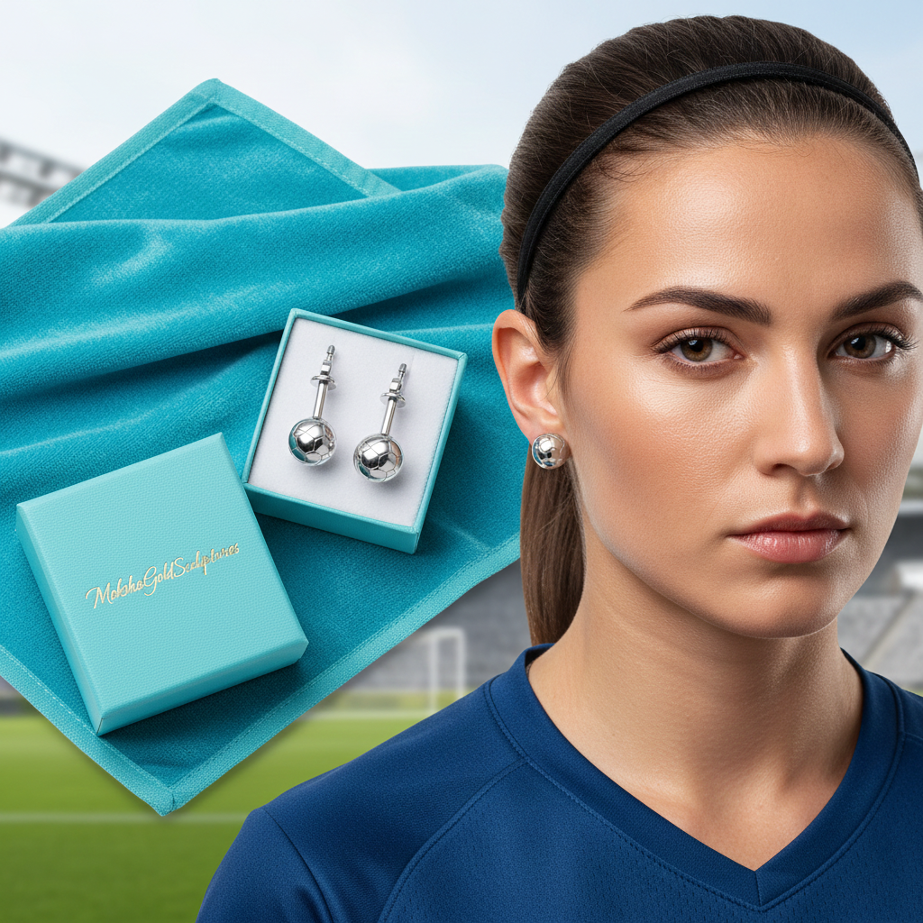 Football Stud Earrings – 10mm Soccer Ball Stud Earrings in Polished Silver / Polished Brass