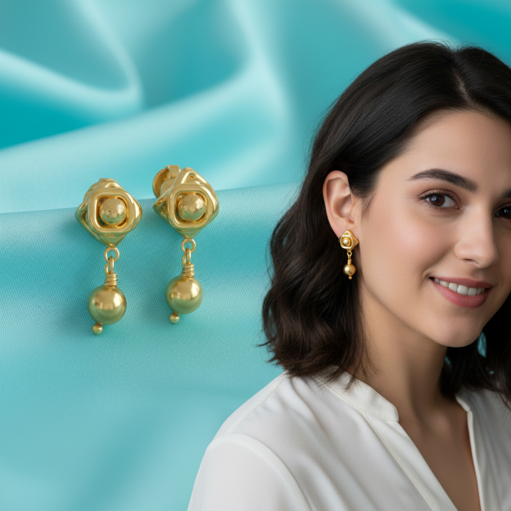 Geometric Pearl Drop Stud Earrings in Gold | 30mm Sculptural Drop Earrings | Lightweight Modern Statement Jewelry