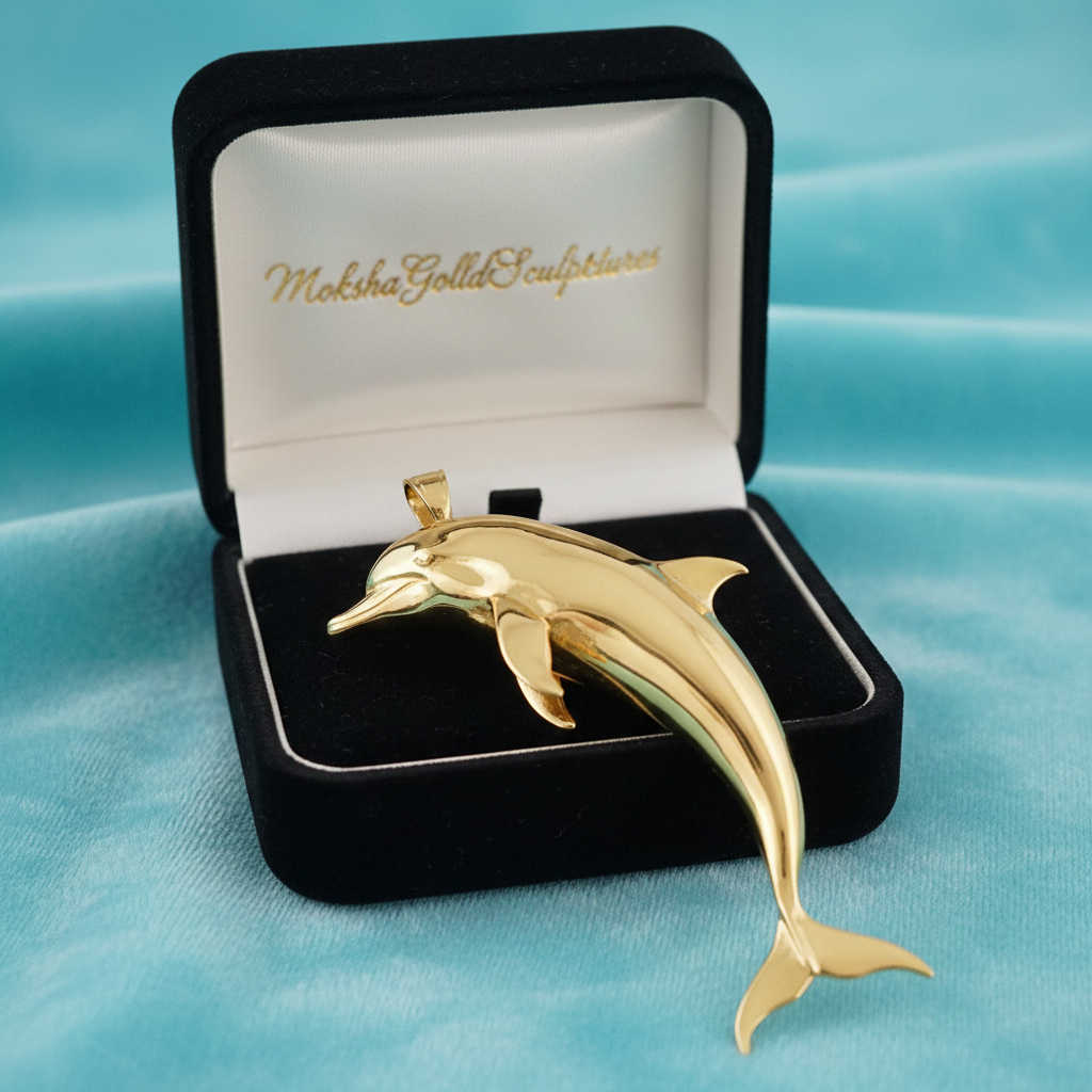 Solid Gold Dolphin Pendant 29mm – 10K 14K 18K Yellow White Rose Gold – Ocean Jewelry Charm – Marine Life Necklace