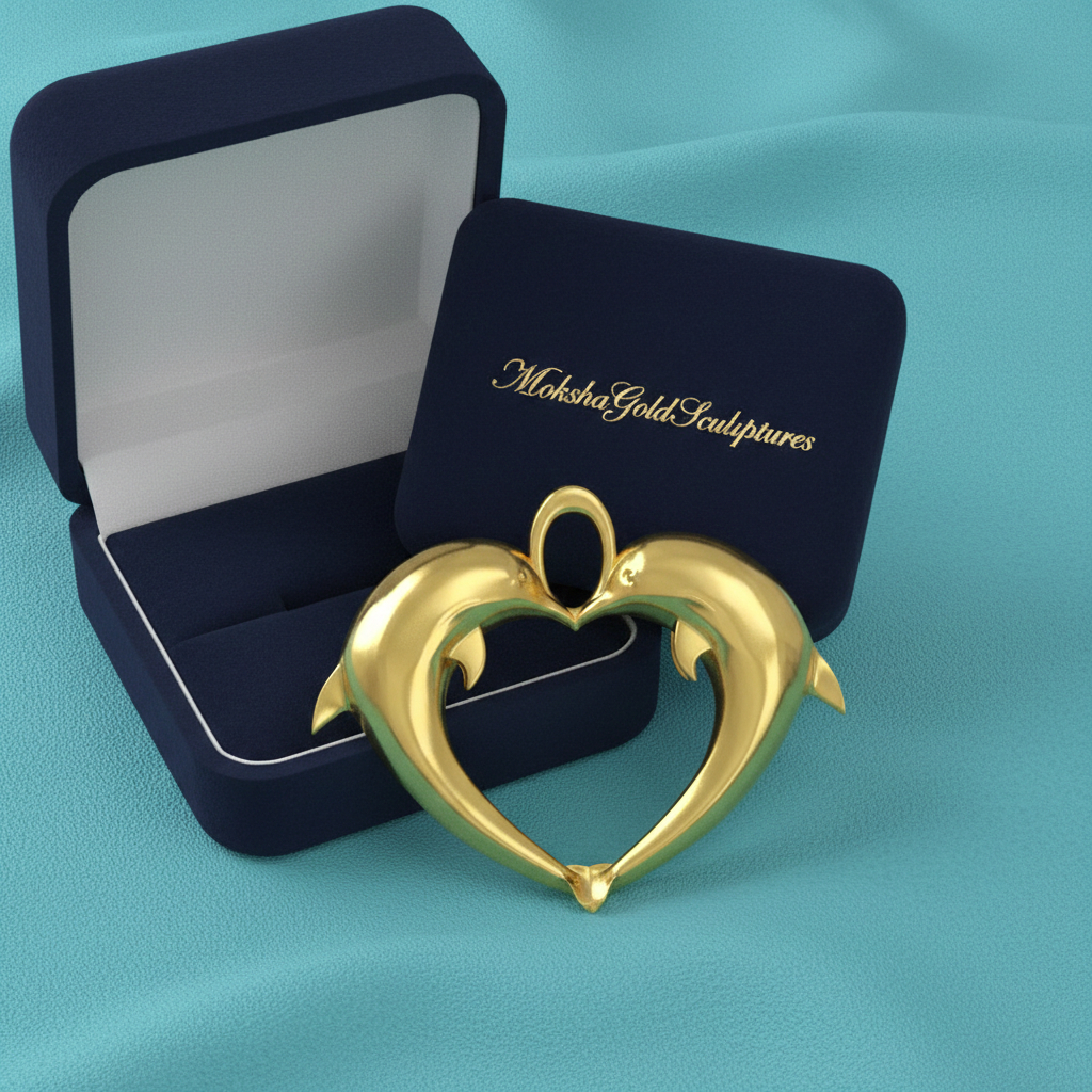 Gold Double Dolphin Heart Pendant with Integrated Bail – Polished Finish – 29 x 24 mm