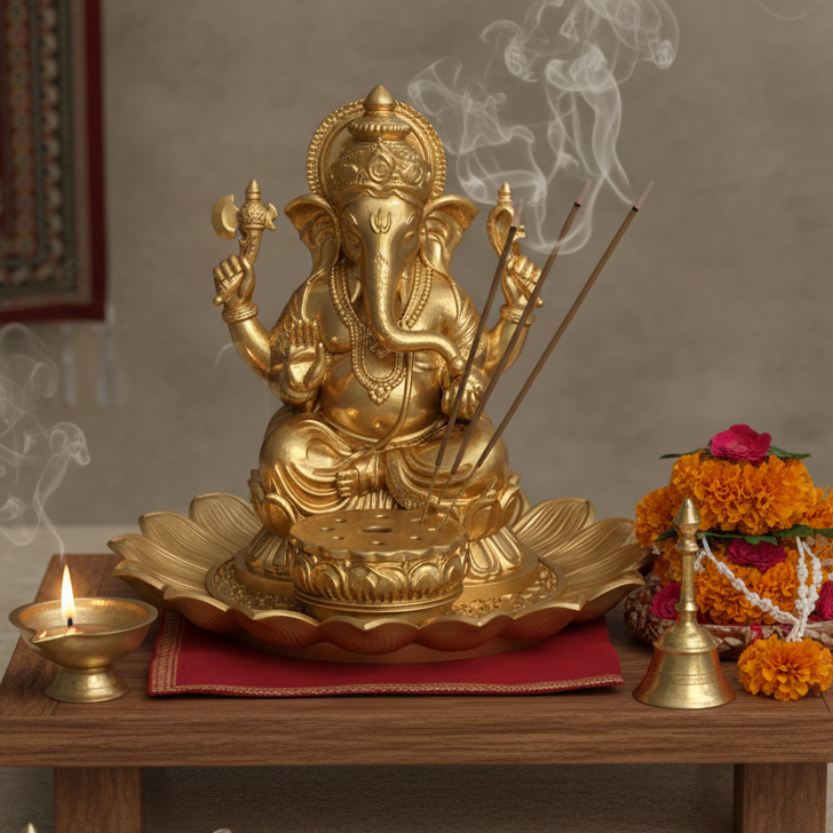 Golden Ganesh Incense Holder with Lotus Base – PLA 3D Printed Spiritual Decor – Meditation Ash Catcher – Hindu Home Temple Gift – Free Shipping