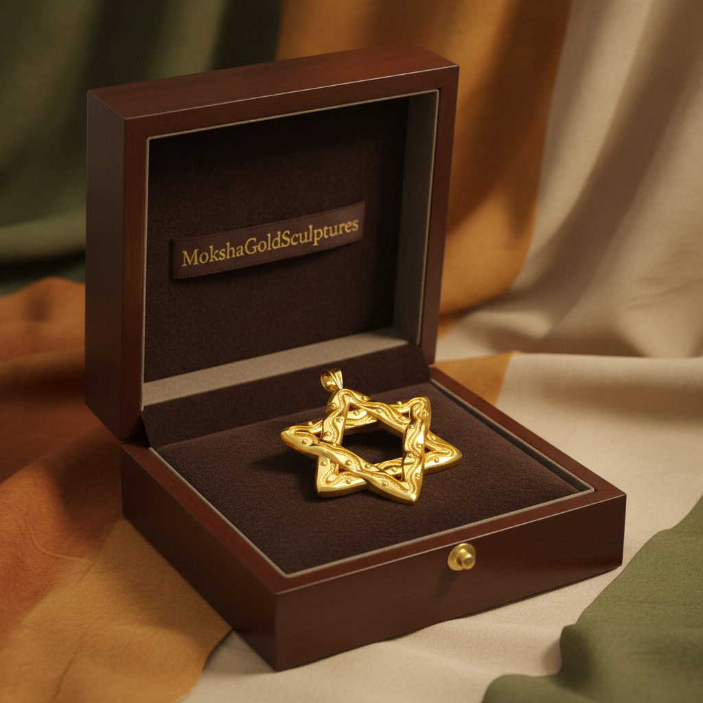 Interwoven Star of David Pendant Necklace in 18K gold by MokshaGoldSculptures in brown velvet box, earth-toned backdrop.