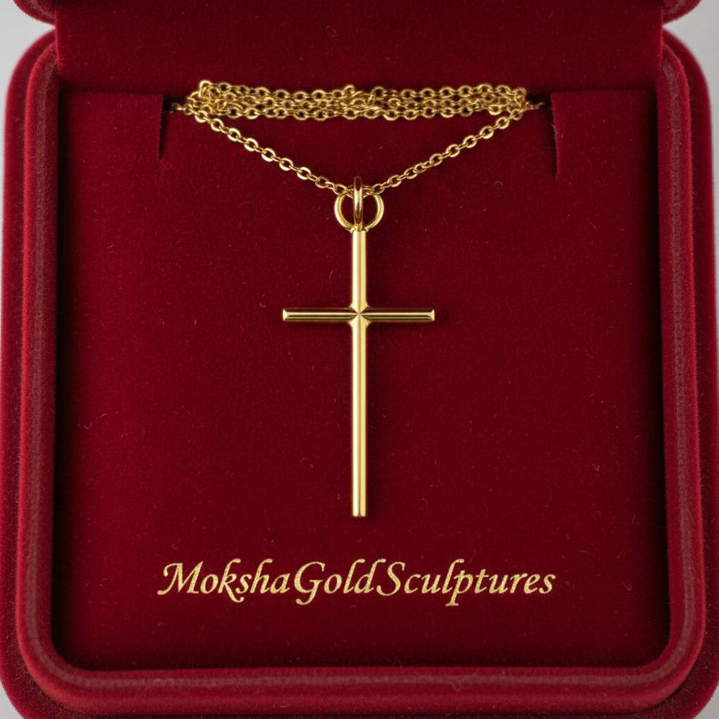 The Minimalist Cross Pendant Necklace in 9K gold by MokshaGoldSculptures, shown in a red velvet box with gold brand stamp.
