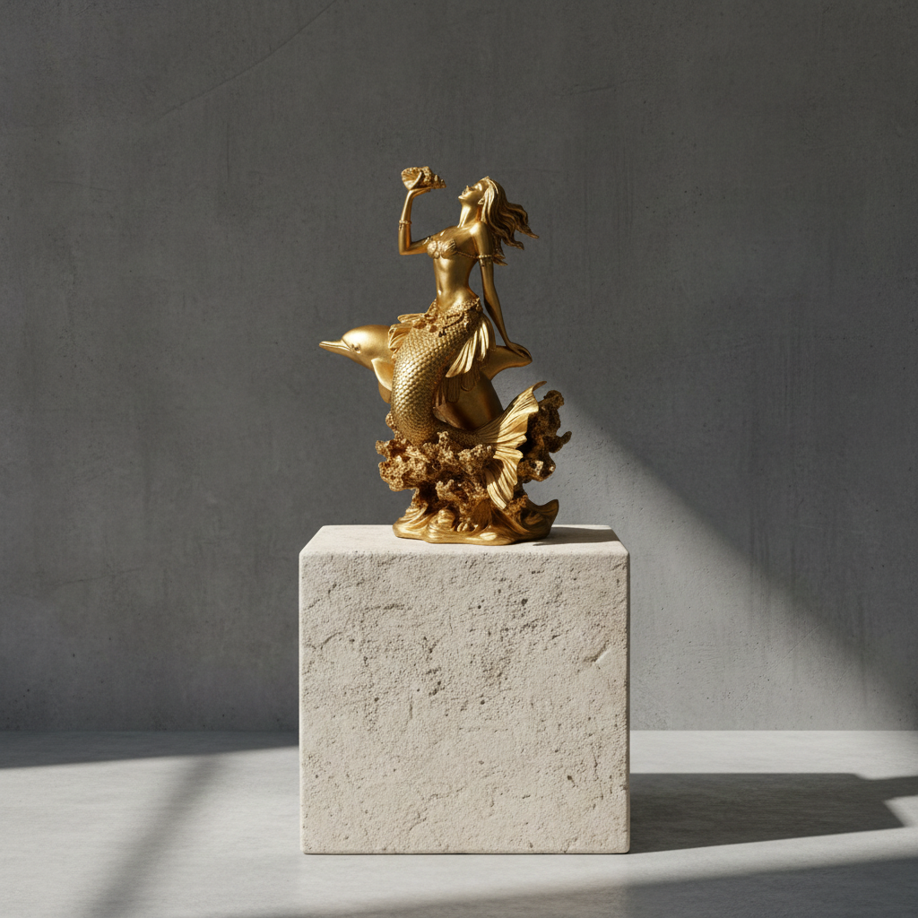 The Golden Mermaid with Dolphin and Konch Shell statue in golden PLA finish by MokshaGoldSculptures.