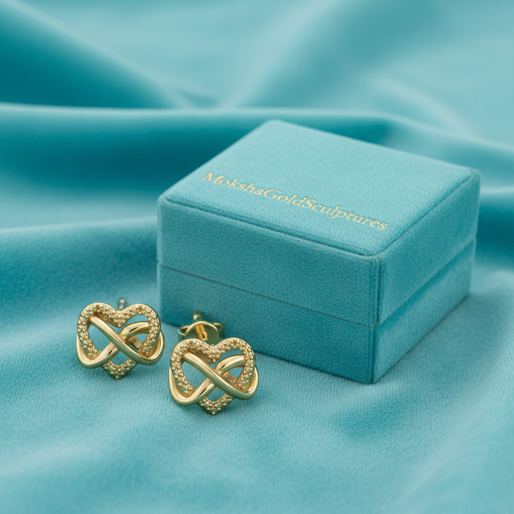 Intertwined Heart Stud Earrings in Gold | 20mm Modern Heart Studs | Lightweight Sculptural Love Knot Earrings