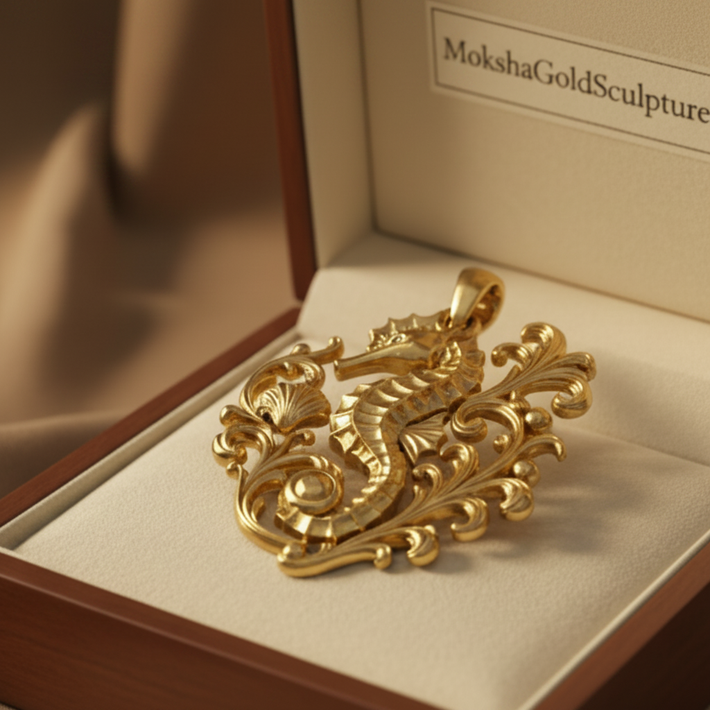 The Seahorse Pendant Necklace in polished gold by MokshaGoldSculptures, featuring ornate ocean-inspired detailing.