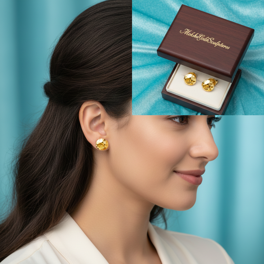 Faceted Round Stud Earring – 10mm Geometric Dome Stud in Polished Gold