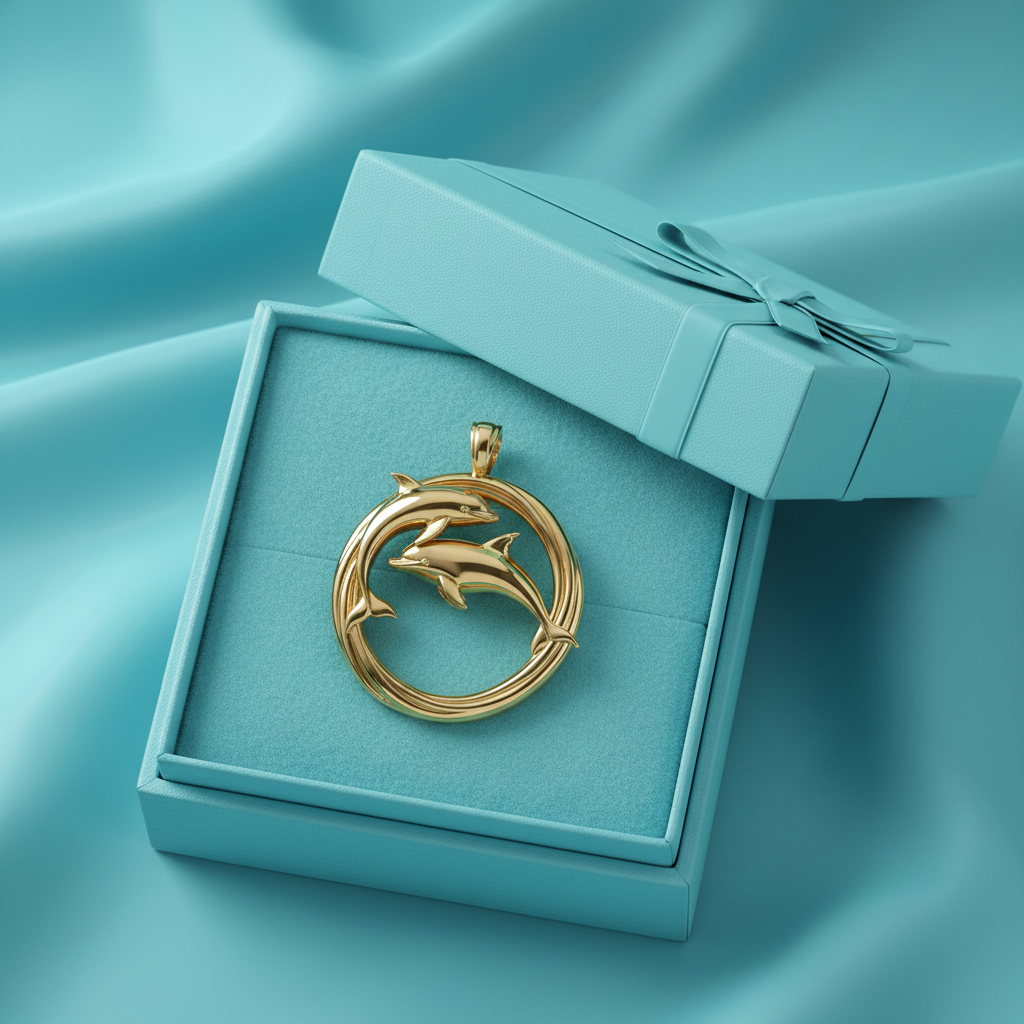 Polished Gold Dolphin Circle Pendant with Integrated Bail – Double Dolphin Necklace – 29 x 23 mm