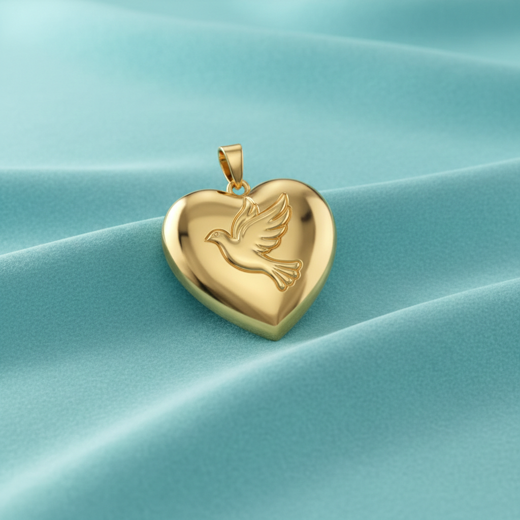 Holy Spirit Dove Heart Pendant – 30mm Polished Yellow Gold – Christian Faith Necklace, Religious 3D Relief Charm