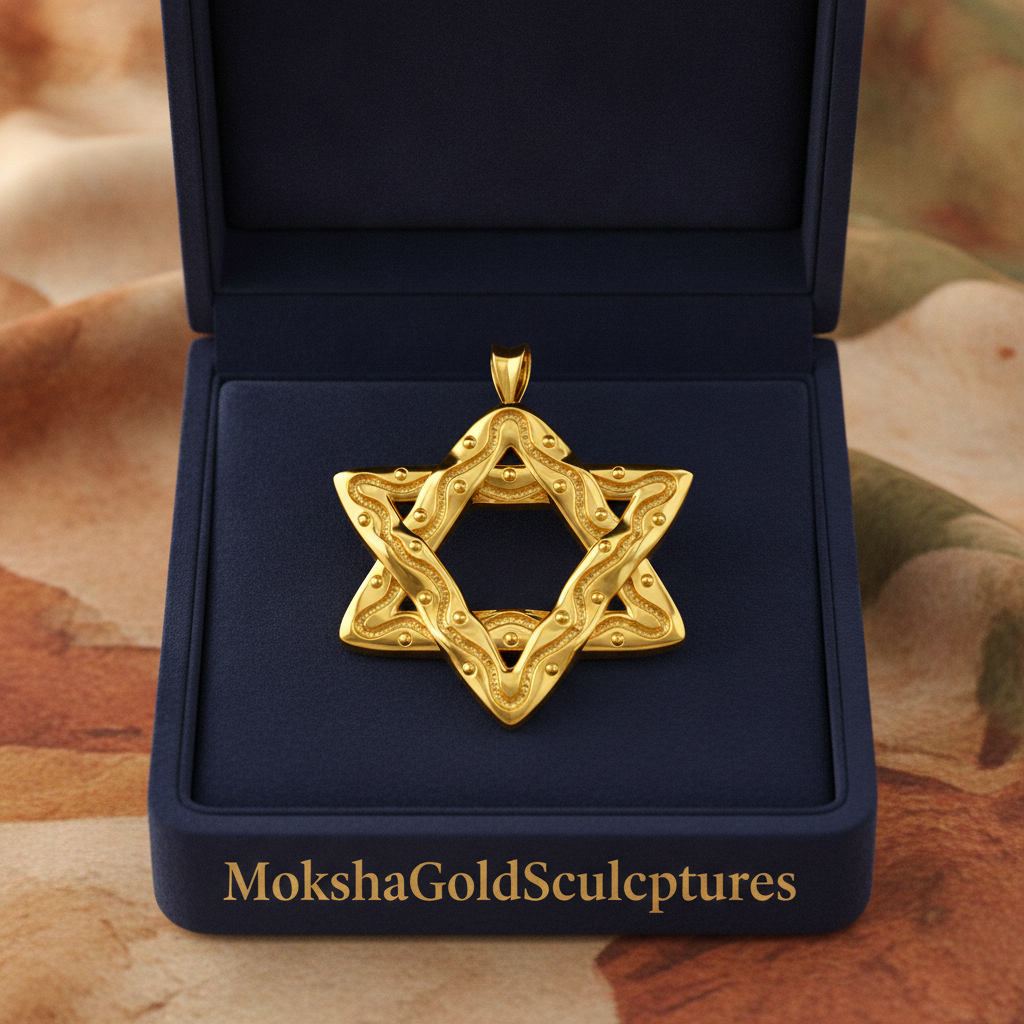 The Interwoven Star of David Pendant Necklace in 18K gold by MokshaGoldSculptures, shown in branded navy box.