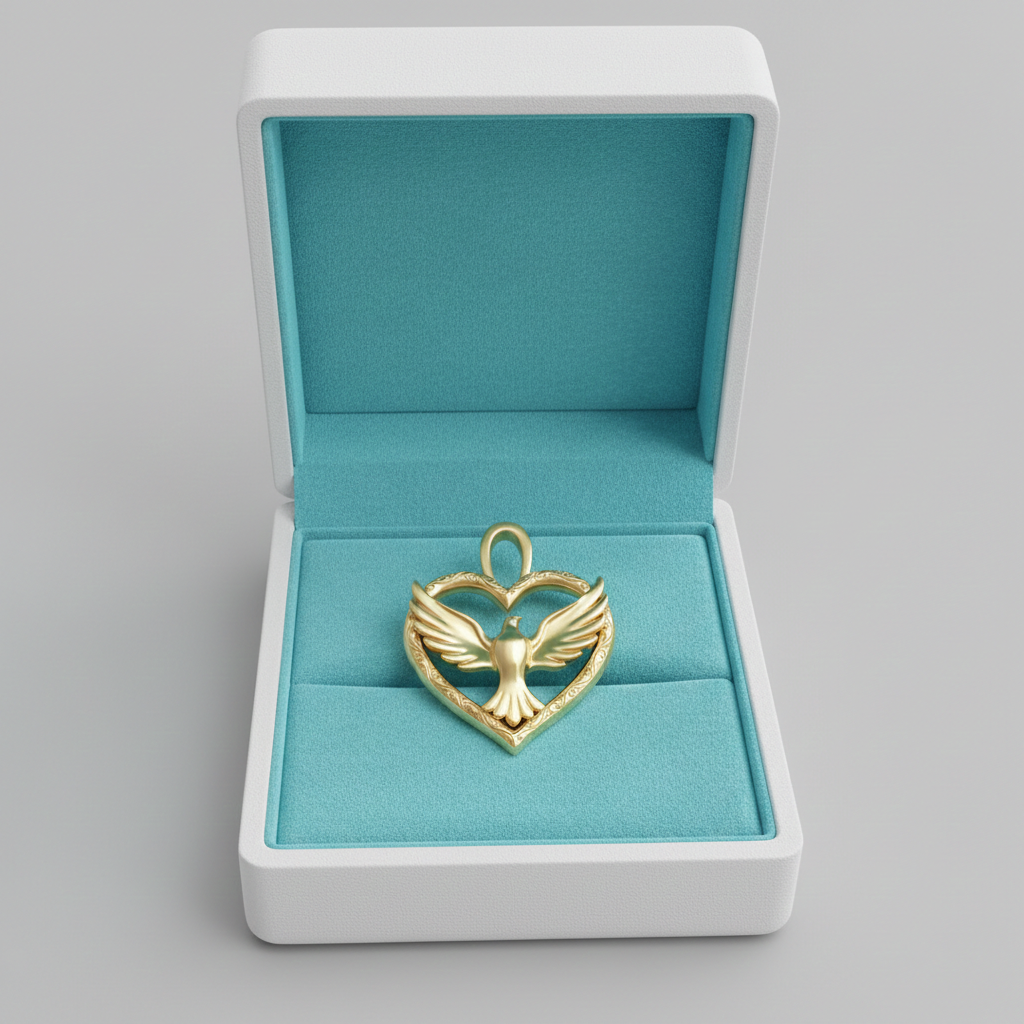 Holy Spirit Dove Heart Pendant – 35mm Polished Yellow Gold – Christian Religious Charm, Faith Jewelry, 3D Relief Necklace