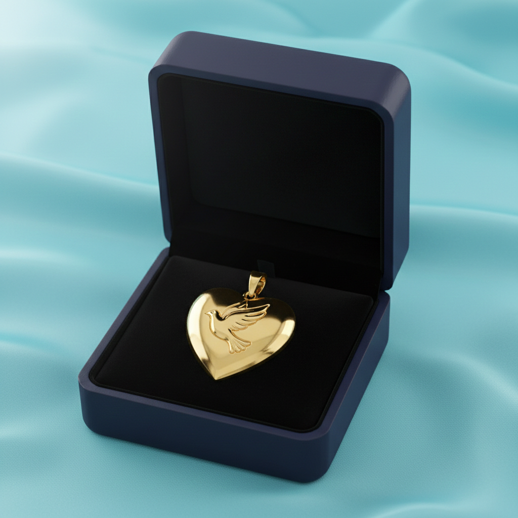 Holy Spirit Dove Heart Pendant – 30mm Polished Yellow Gold – Christian Faith Necklace, Religious 3D Relief Charm