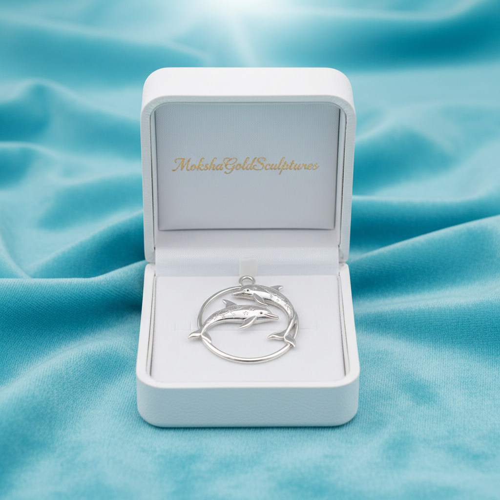Polished Sterling Silver Dolphin Circle Pendant – Celestial Star Engraved Double Dolphin Necklace Charm – 25x23mm