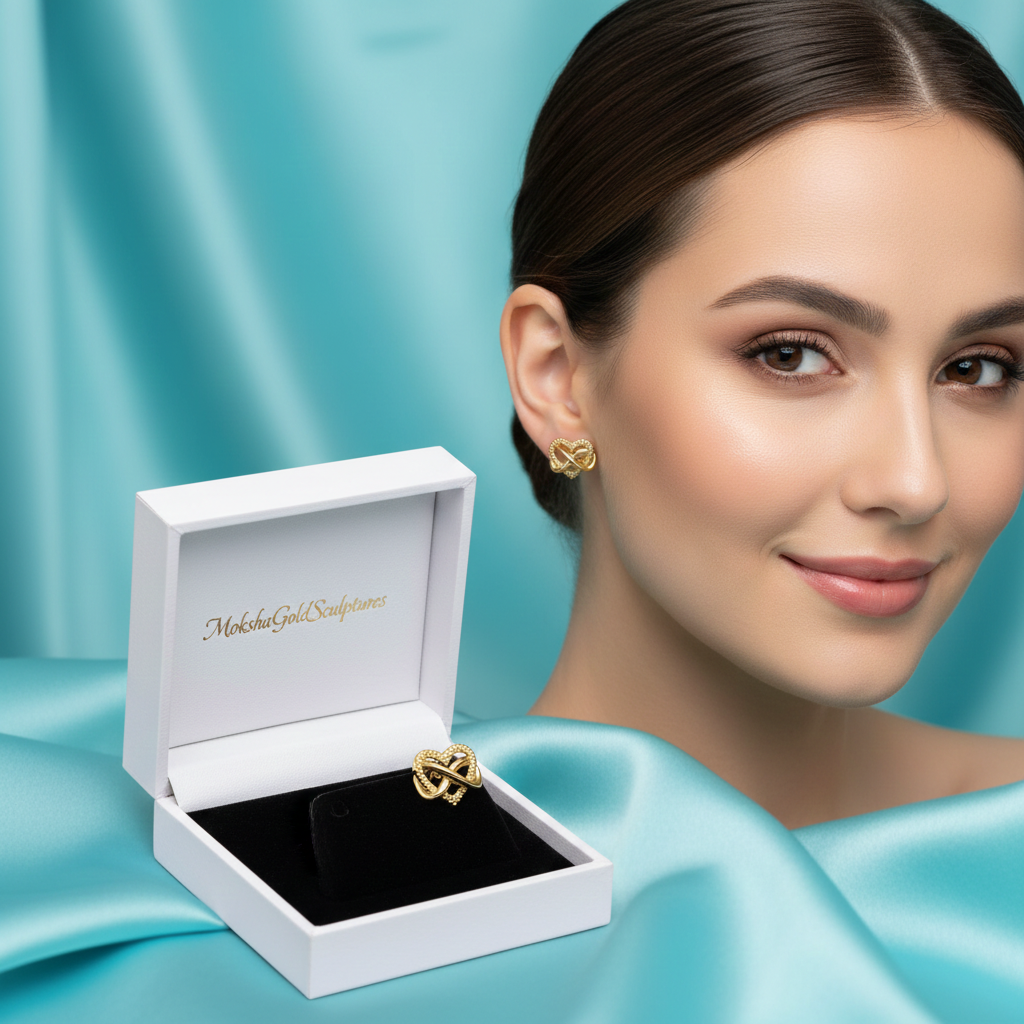 Intertwined Heart Stud Earrings in Gold | 20mm Modern Heart Studs | Lightweight Sculptural Love Knot Earrings