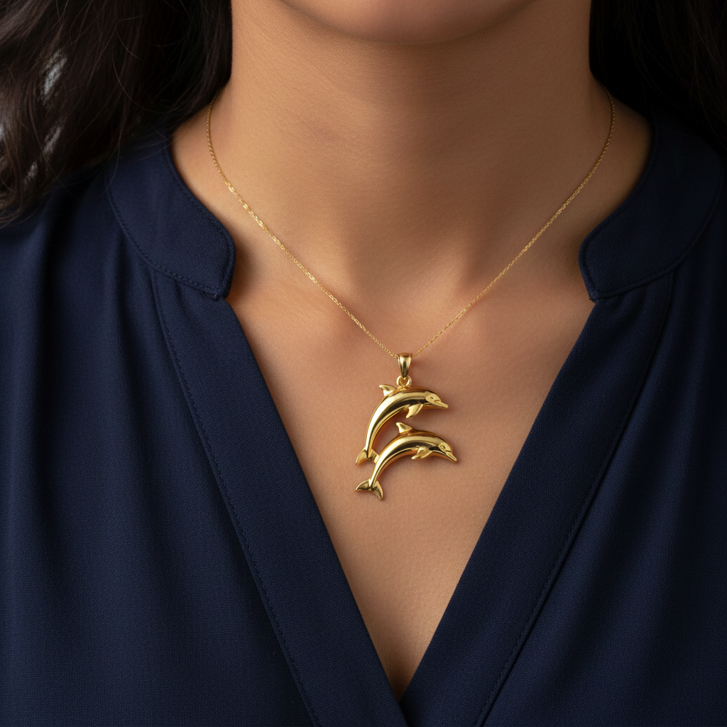 Two Dolphin Pendant Necklace | 18k Gold Plated or 925 Sterling Silver | Ocean Jewellery