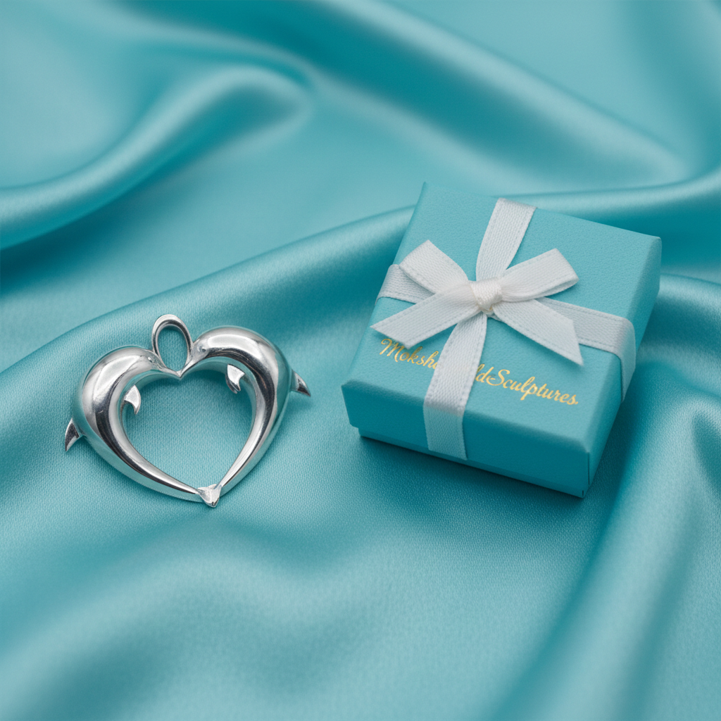 Double Dolphin Heart Pendant with Integrated Bail – Polished Silver or Brass – 29 x 24 mm