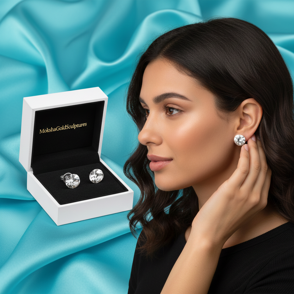 Faceted Round Stud Earring – 10mm Geometric Dome Stud in Polished Silver / Polished Brass