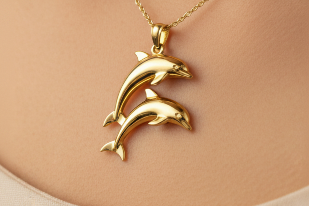 Two Dolphin Pendant Necklace | 18k Gold Plated or 925 Sterling Silver | Ocean Jewellery
