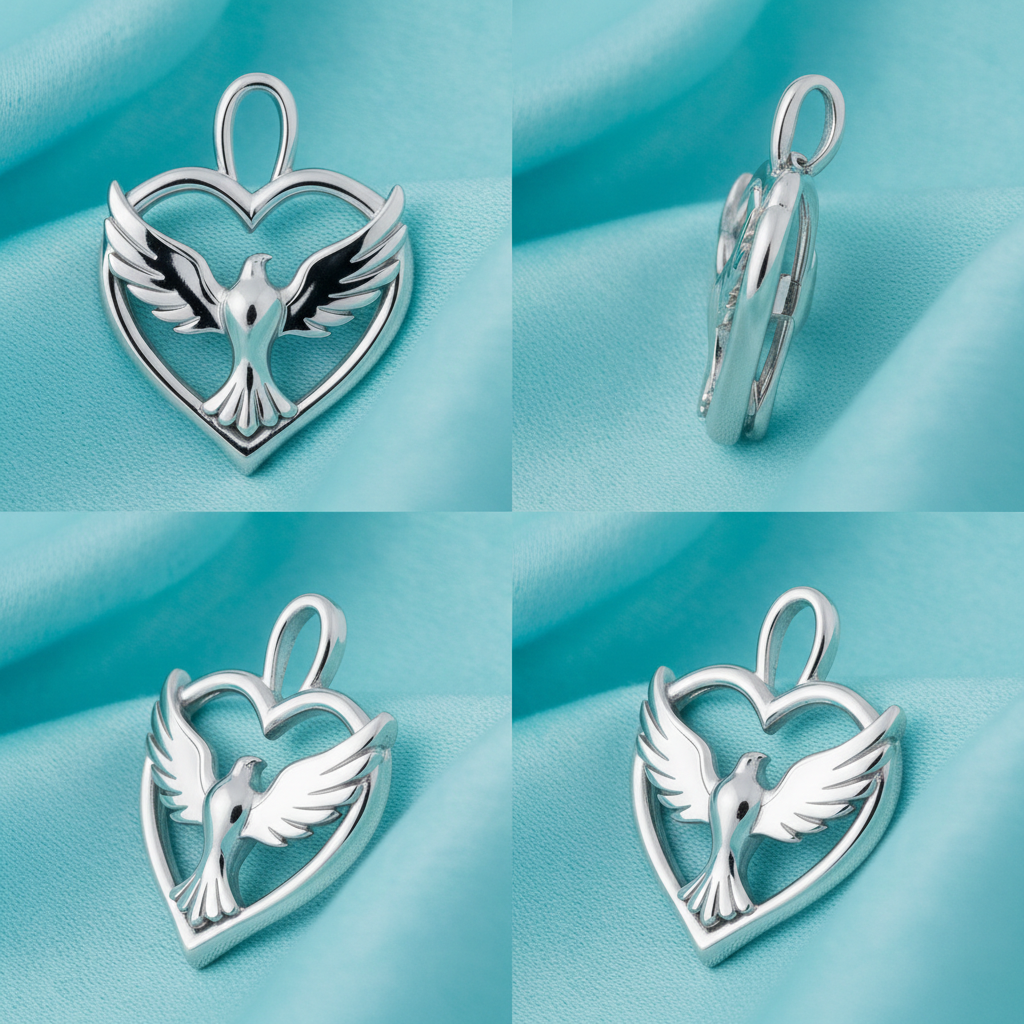 Holy Spirit Dove Heart Pendant – 35mm Polished Silver or Brass – Religious Charm, Christian Jewelry, 3D Relief Pendant