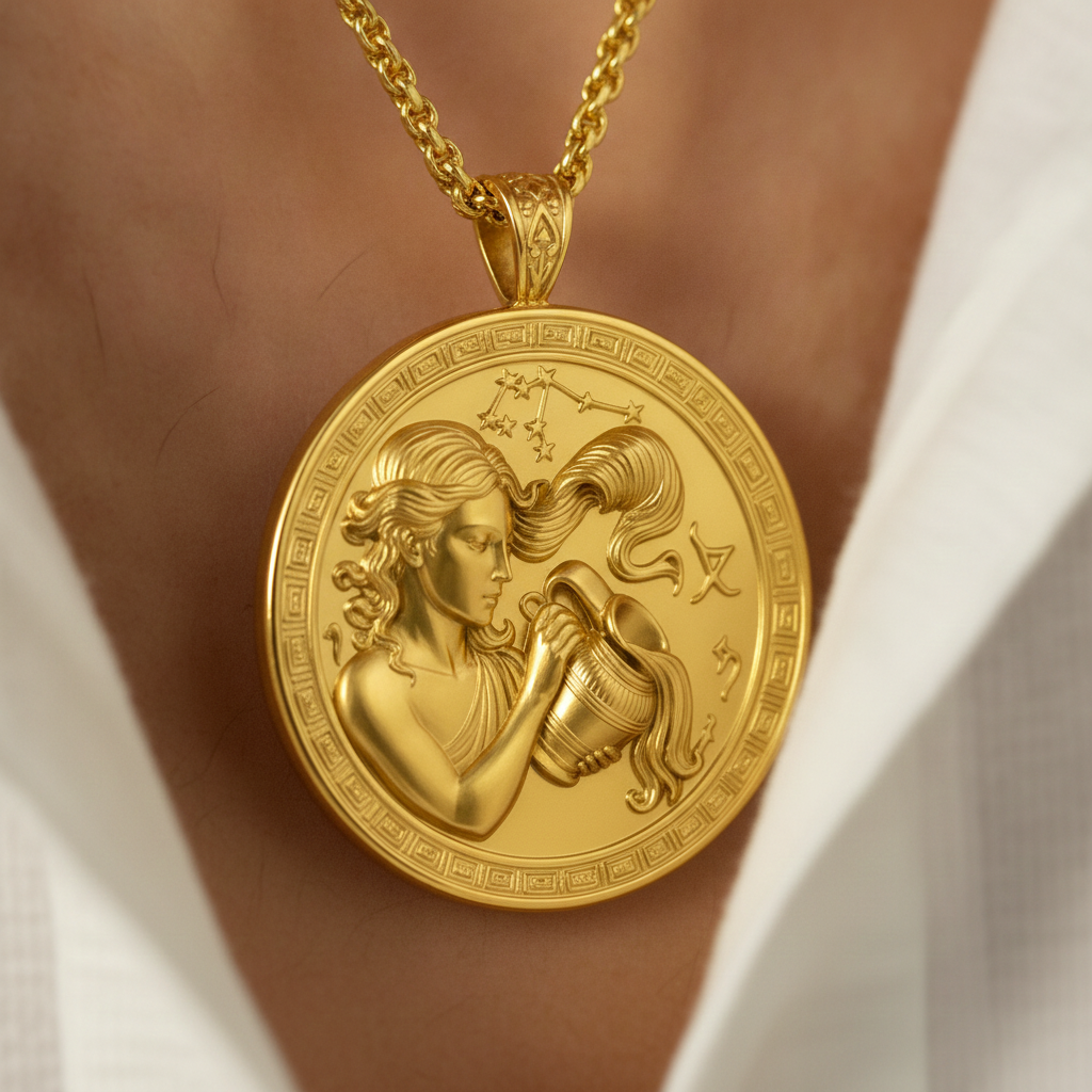 Aquarius Zodiac Pendant Necklace in polished yellow brass by MokshaGoldSculptures with celestial constellation medallion.