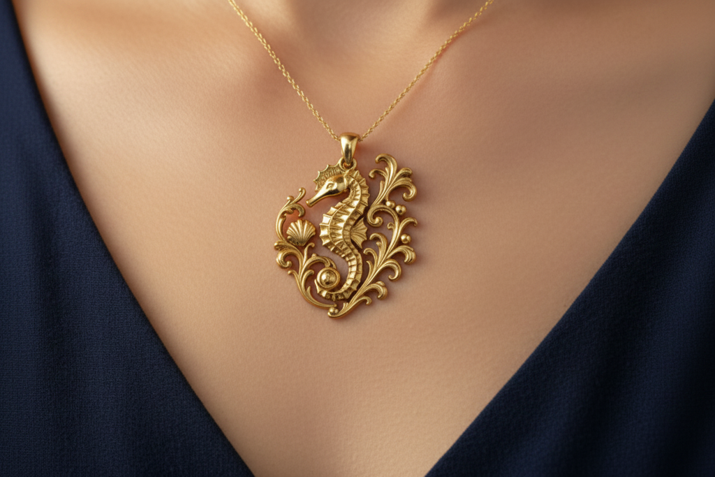 Seahorse Pendant Necklace in ornate gold finish by MokshaGoldSculptures worn with a deep blue V-neck top.