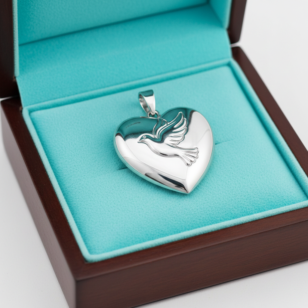 Holy Spirit Dove Heart Pendant – 30mm Polished Silver or Brass – Christian Faith Necklace, Religious 3D Relief Charm