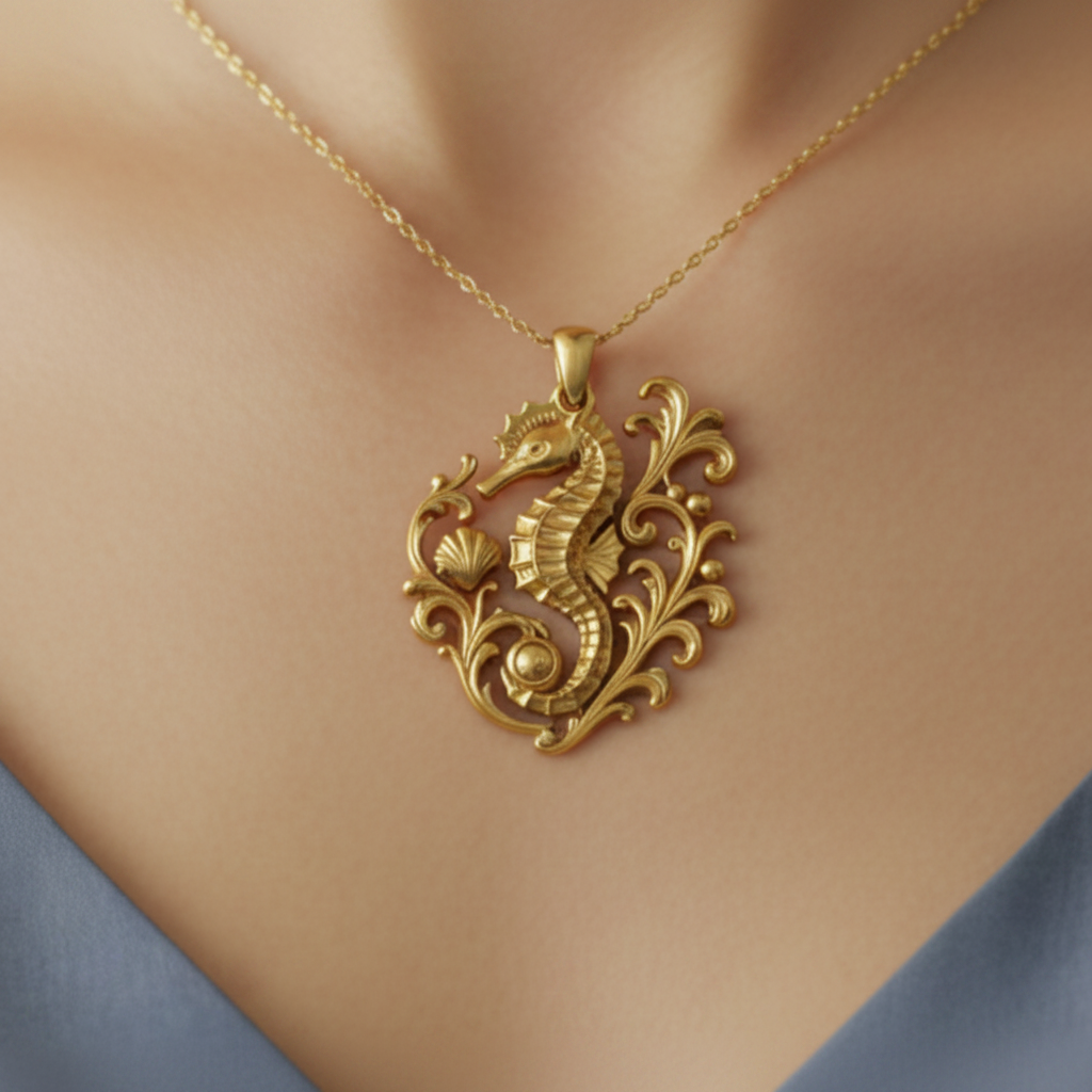 MokshaGoldSculptures Seahorse Pendant Necklace in gold, ornate finish, worn on blue top.