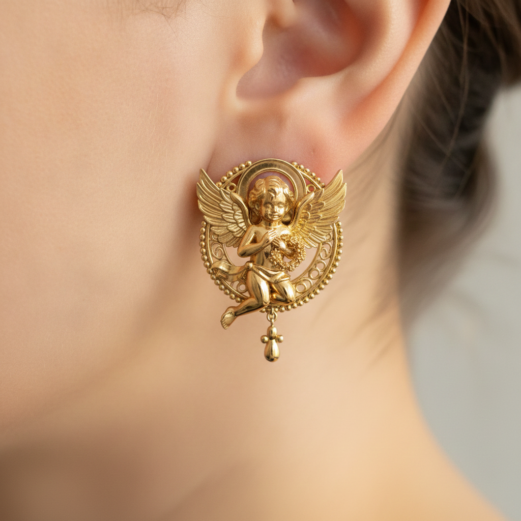 Golden Cherub Angel Stud Earrings | Guardian Angel Jewelry | 9K Gold, Sterling Silver & Yellow Brass | Handmade Religious Gift