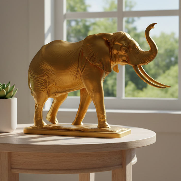 The Majestic Elephant Sculpture in gold, silver, grey, and black PLA by MokshaGoldSculptures.