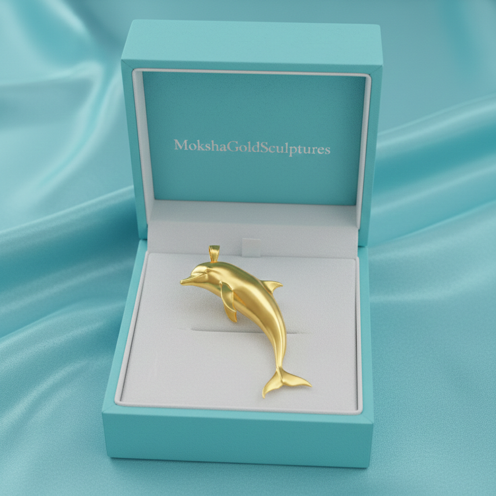 Solid Gold Dolphin Pendant 29mm – 10K 14K 18K Yellow White Rose Gold – Ocean Jewelry Charm – Marine Life Necklace