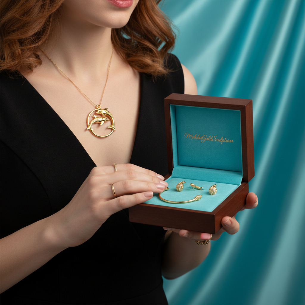 Polished Gold Dolphin Circle Pendant – Celestial Double Dolphin Necklace Charm – 25 x 23 mm