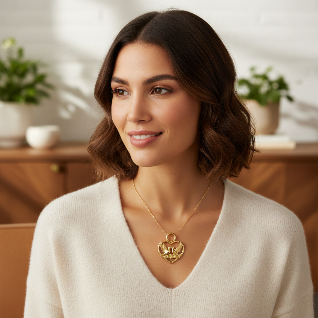 Solid Gold Heart and Dove Pendant - Romantic Love Bird Charm Necklace