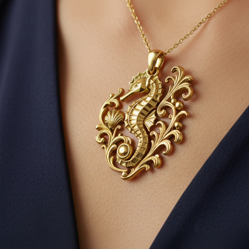 Seahorse Pendant Necklace in ornate gold finish by MokshaGoldSculptures, shown on a deep blue V-neck top.