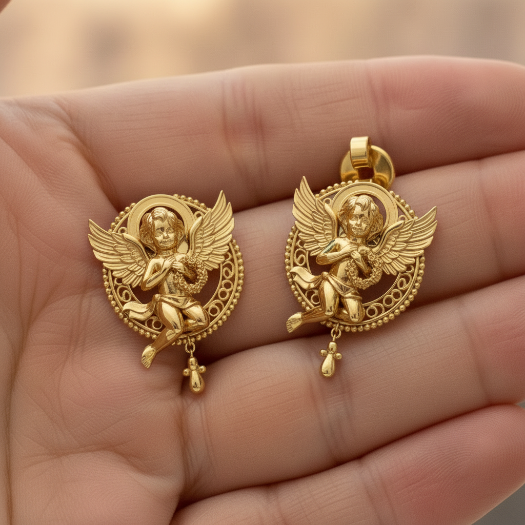 Golden Cherub Angel Stud Earrings | Guardian Angel Jewelry | 9K Gold, Sterling Silver & Yellow Brass | Handmade Religious Gift