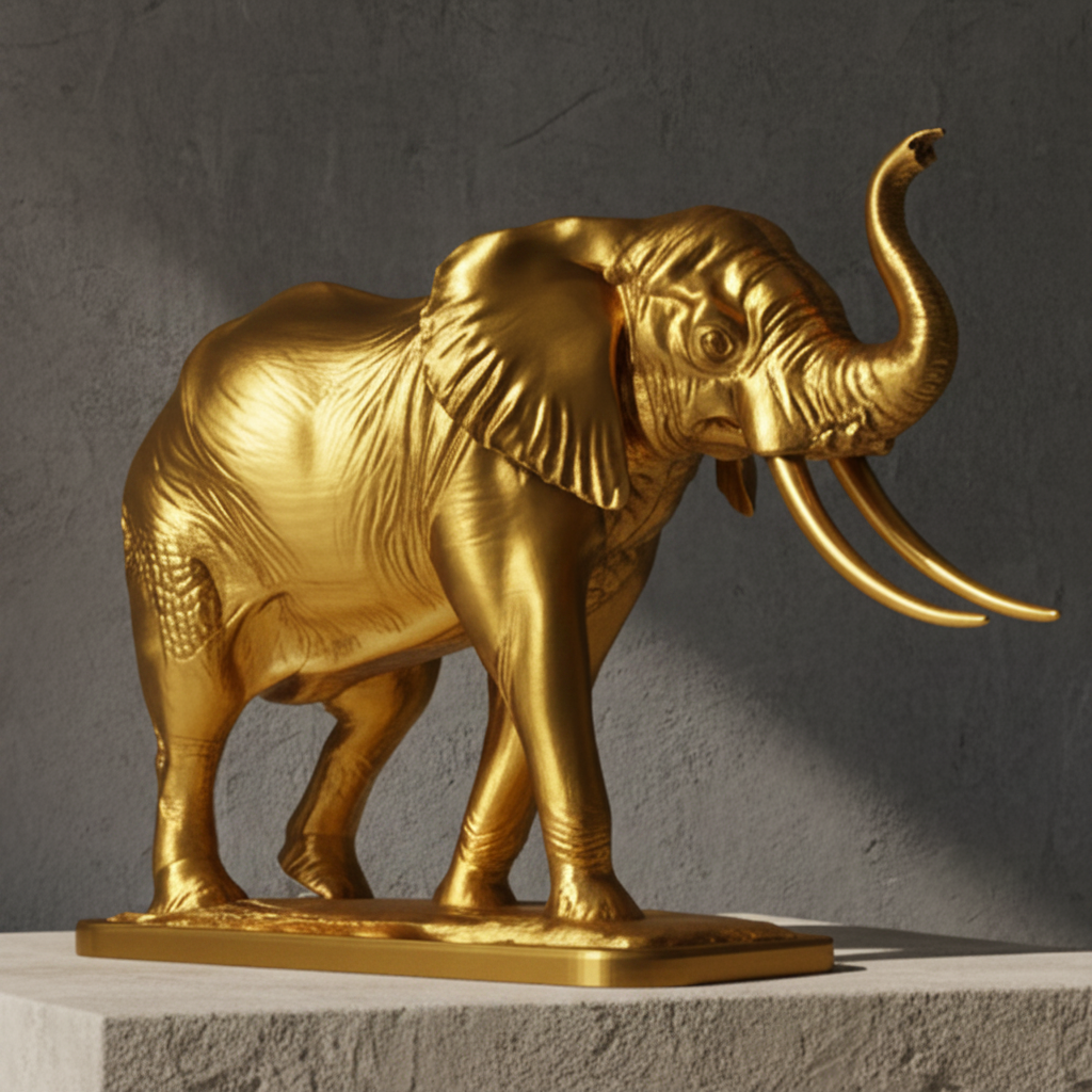 The Majestic Elephant Sculpture in gold, silver, grey, or black finish by MokshaGoldSculptures.