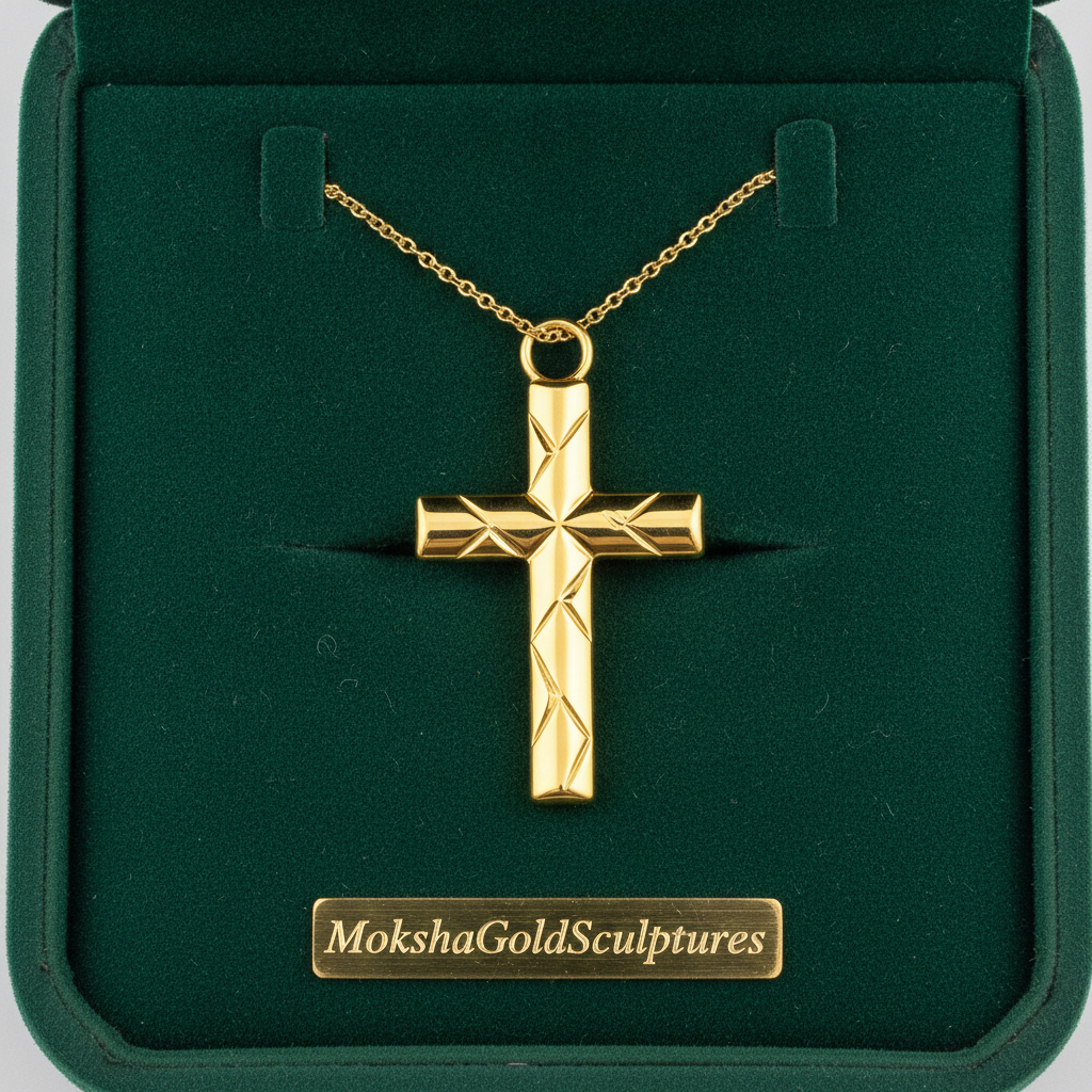The Faceted Cross Pendant Necklace in 9K gold by MokshaGoldSculptures, geometric cross on chain.