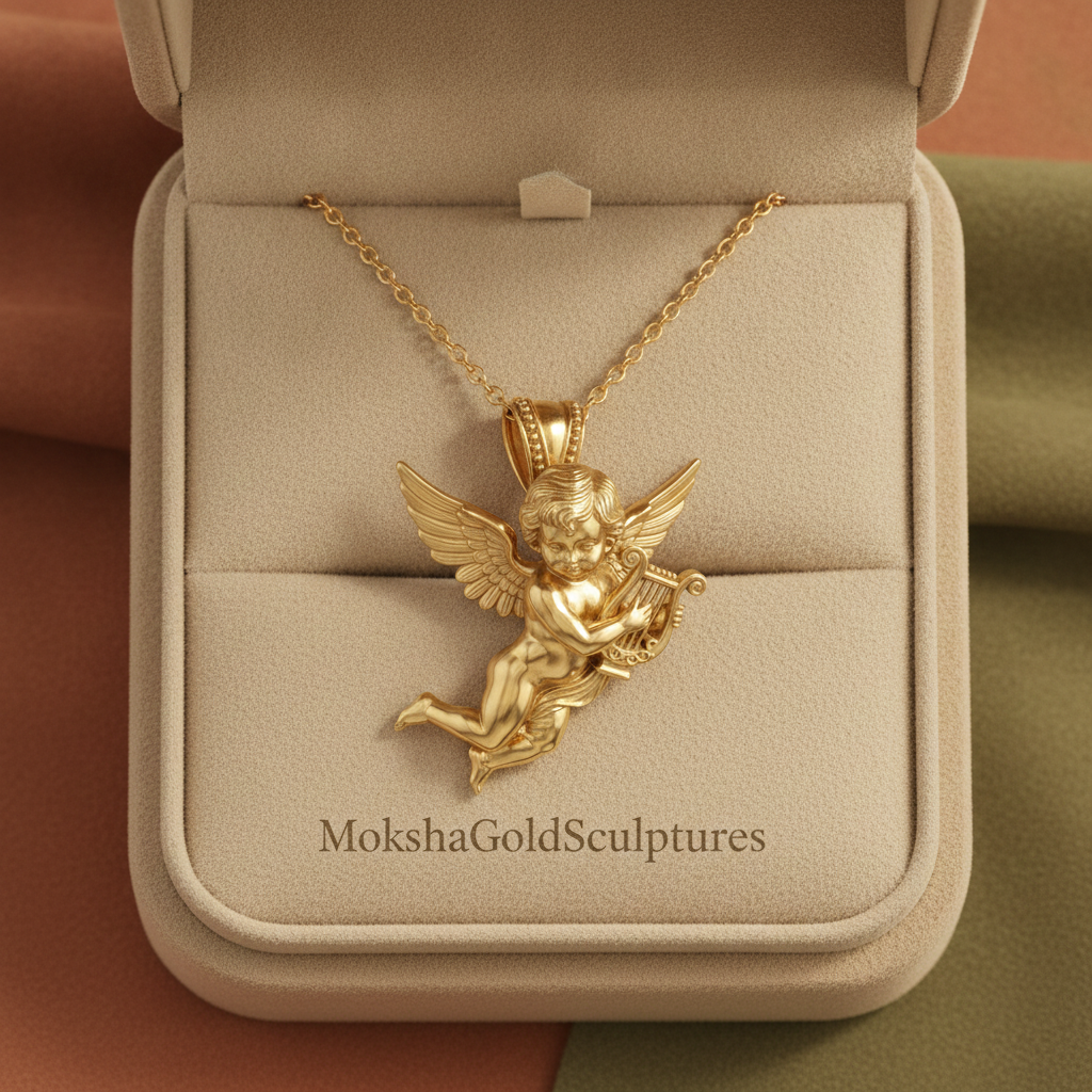 Golden Cherub Harp Pendant Necklace, Guardian Angel Jewelry, 9K Gold Angel Pendant, Sterling Silver Cherub Necklace, Religious Gift
