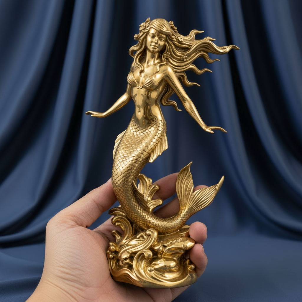 Polished Brass Mermaid Sculpture by MokshaGoldSculptures, detailed finish, shown in hand against dark blue fabric.