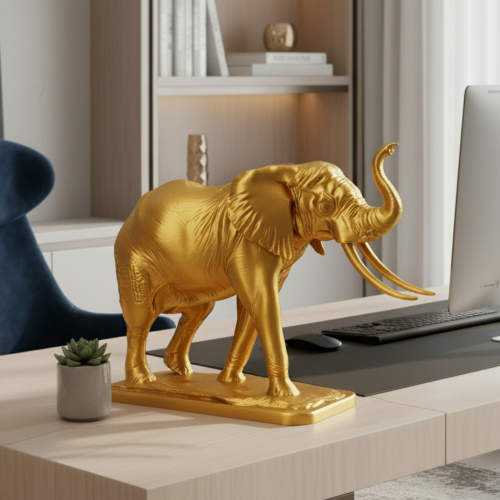 The Majestic Elephant Sculpture in gold finish by MokshaGoldSculptures, displayed on a modern desk with plant décor.