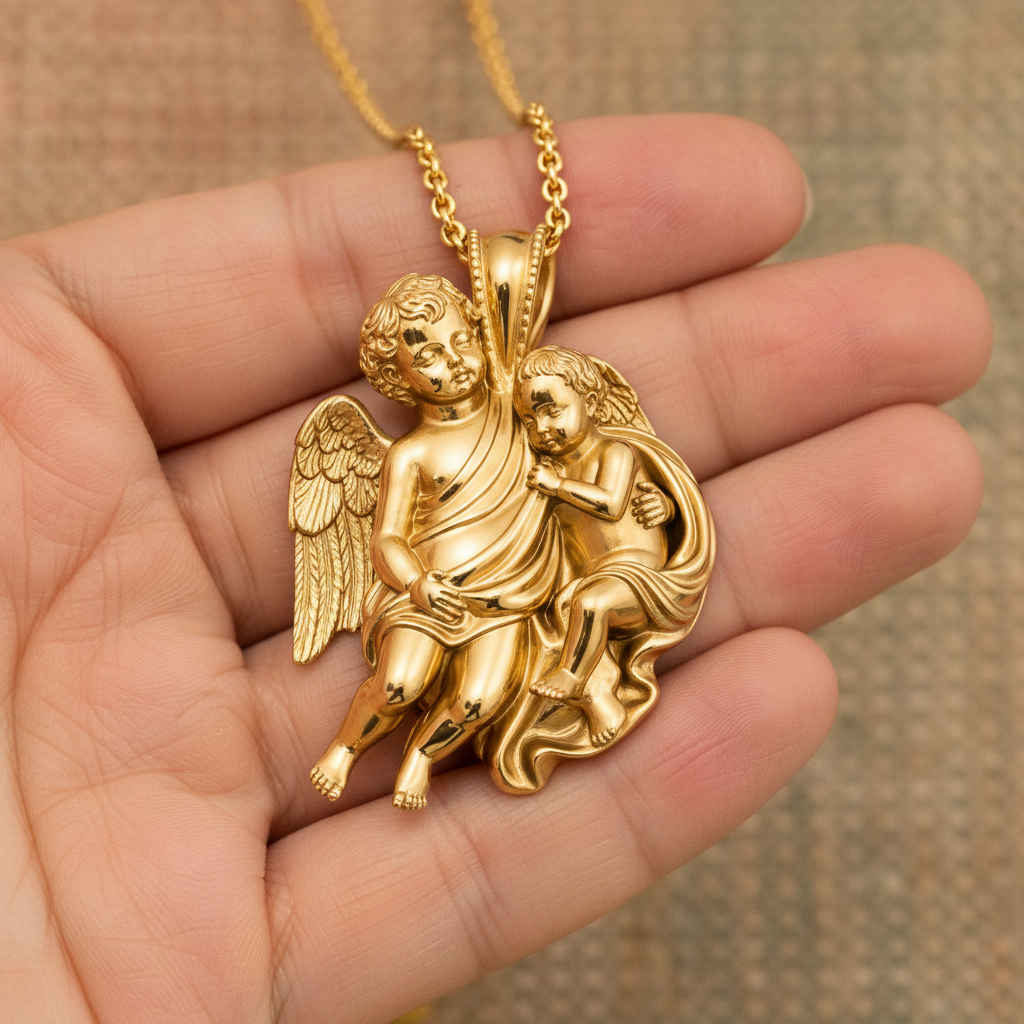 Golden Cherub Duo Pendant Necklace | Guardian Angel Pendant | 9K Gold, Sterling Silver & Yellow Brass | Religious Jewelry | Cherub Gift