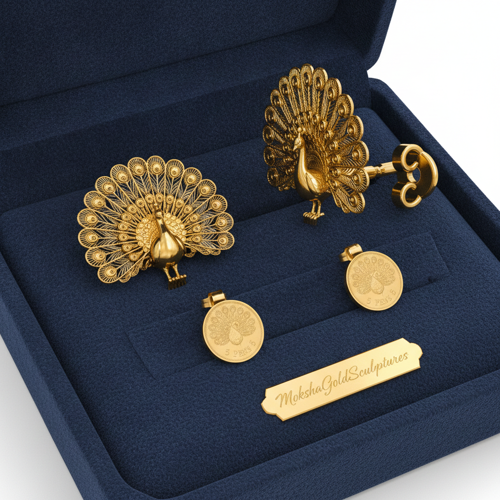 Peacock Stud Earrings in 9K gold, sterling silver, or polished brass by MokshaGoldSculptures in a navy box.