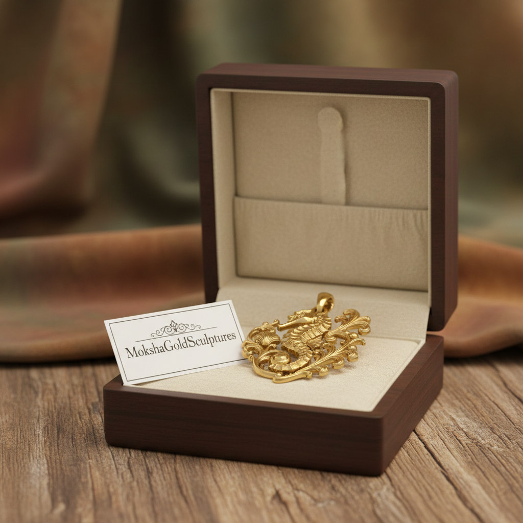 Seahorse pendant necklace in polished gold by MokshaGoldSculptures, displayed in velvet-lined wooden box.