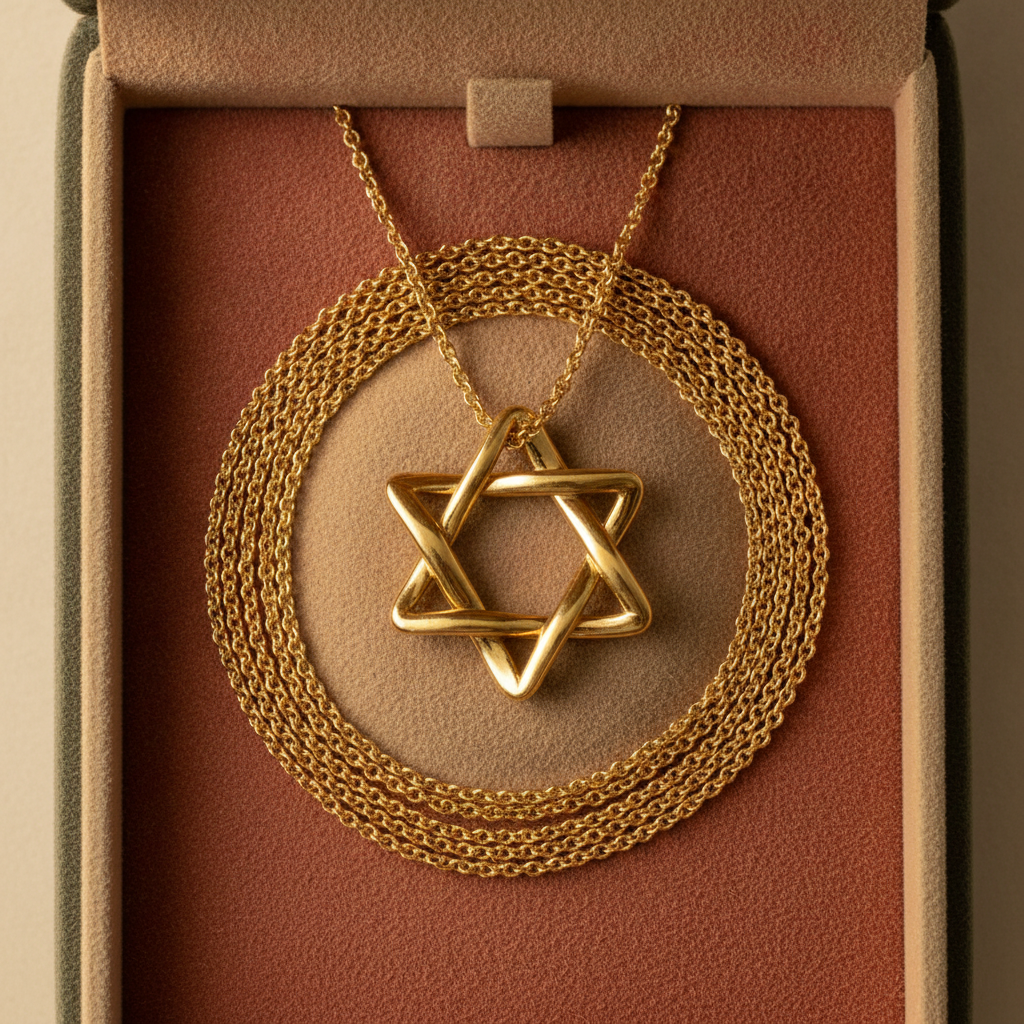 The Interlaced Star of David Pendant Necklace in 18K gold and sterling silver by MokshaGoldSculptures in open red velvet box.