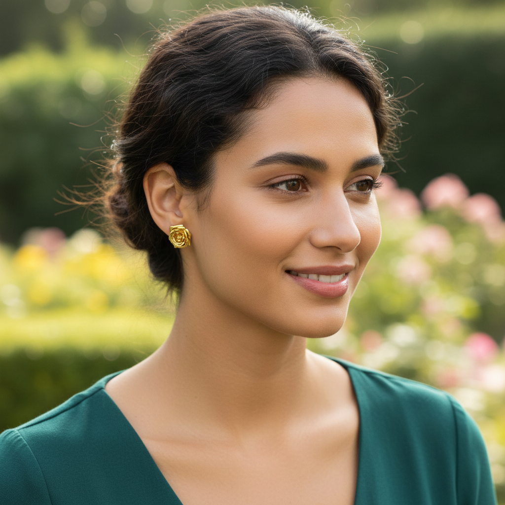 Polished Brass Rose Stud Earrings by MokshaGoldSculptures worn by woman outdoors, floral design, elegant finish visible.