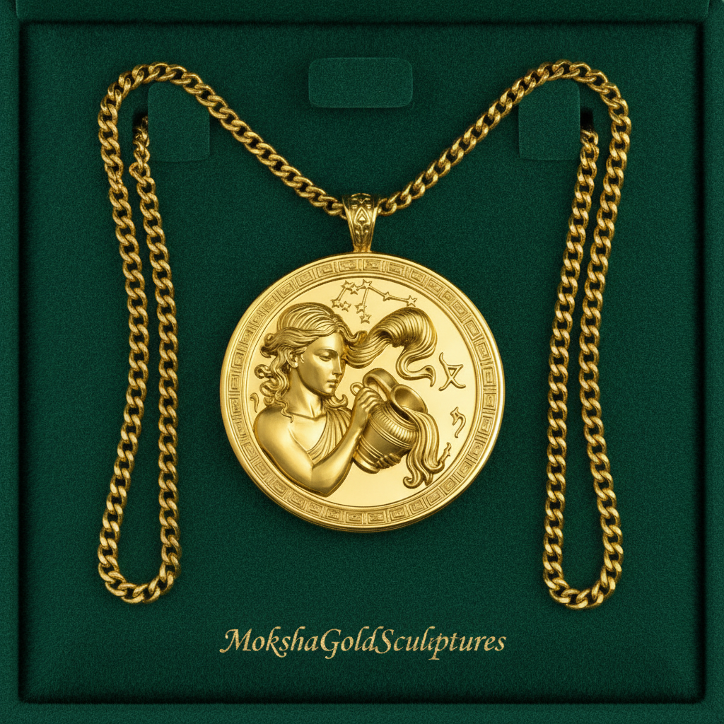 Aquarius Zodiac Pendant Necklace in 9K gold by MokshaGoldSculptures, Aquarius medallion on chain with charm.
