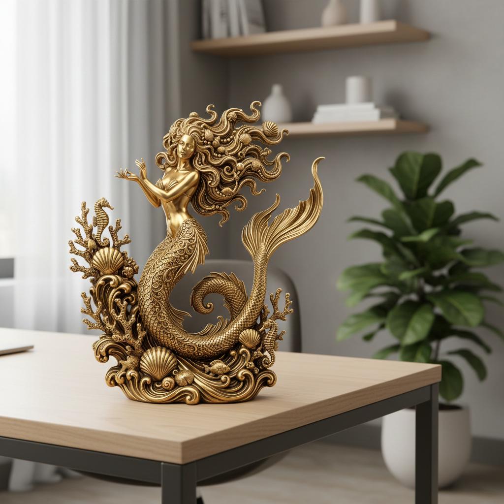 The Golden Mermaid Statue 250mm in gold finish by MokshaGoldSculptures, featuring ornate fins and flowing hair.