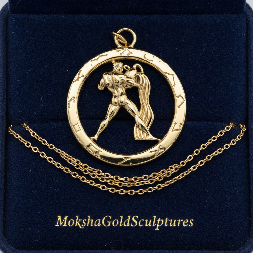 Aquarius Zodiac Pendant Necklace in 9K gold by MokshaGoldSculptures with water bearer amid zodiac glyphs on matching chain.