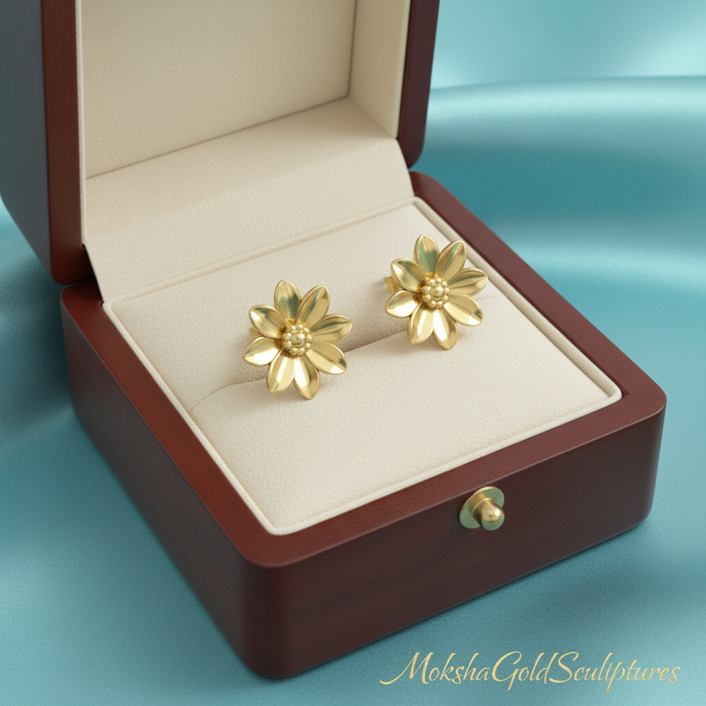 Polished Brass Flower Stud Earrings by MokshaGoldSculptures in open cream-lined box on a silky blue background.